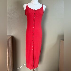 Forever 21 Red Button-Down Ribbed Maxi Dress Spaghetti Straps Form Fitting